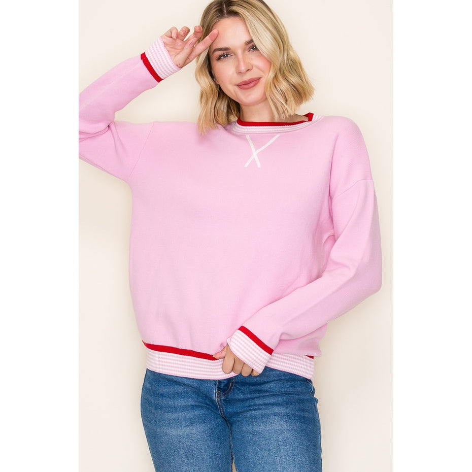 PINK VARSITY TRIMMED SWEATER