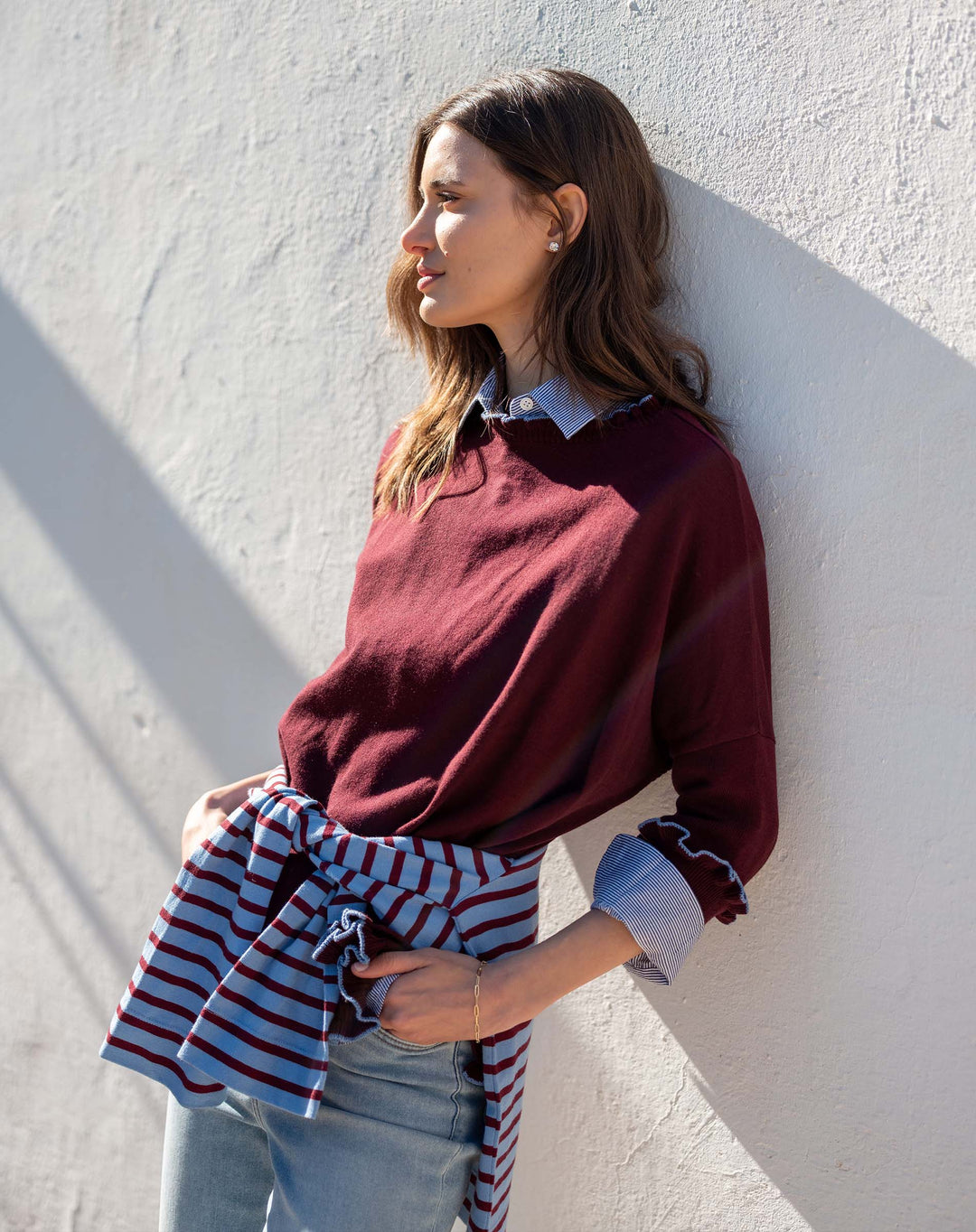 BURGUNDY/SAPPHIRE CATALINA COTTON RUFFLE SWEATER