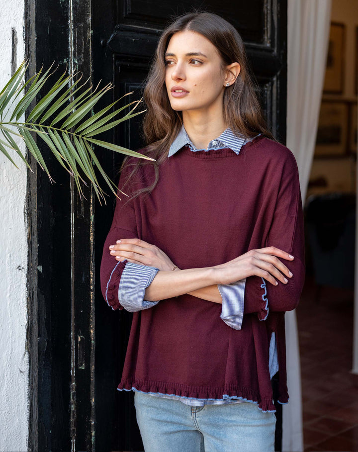 BURGUNDY/SAPPHIRE CATALINA COTTON RUFFLE SWEATER