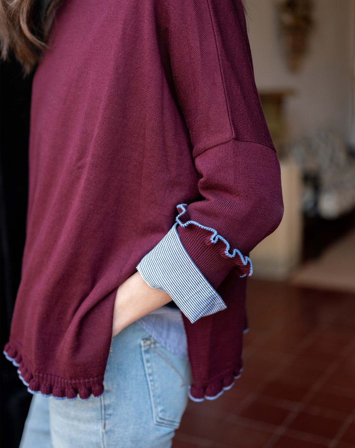 BURGUNDY/SAPPHIRE CATALINA COTTON RUFFLE SWEATER