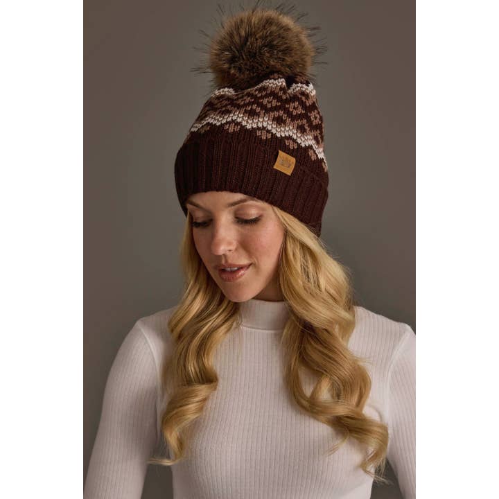 BROWN, MOCHA & TAUPE PATTERNED POM HAT
