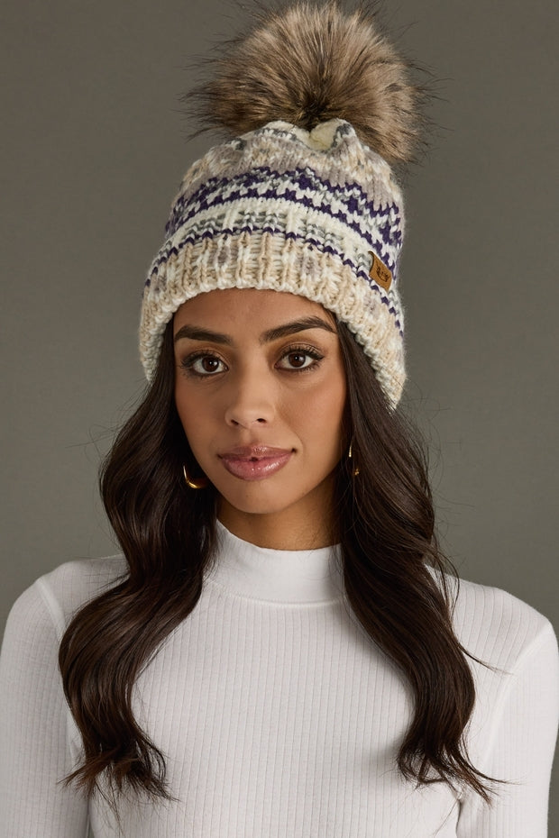 WHITE PURPLE GREY & TAUPE POM HAT