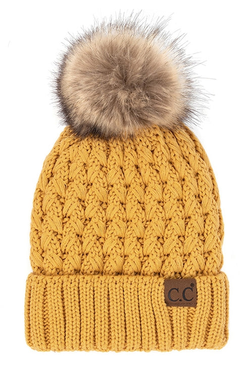 MUSTARD LATTICE CROSSOVER STITCH POM HAT
