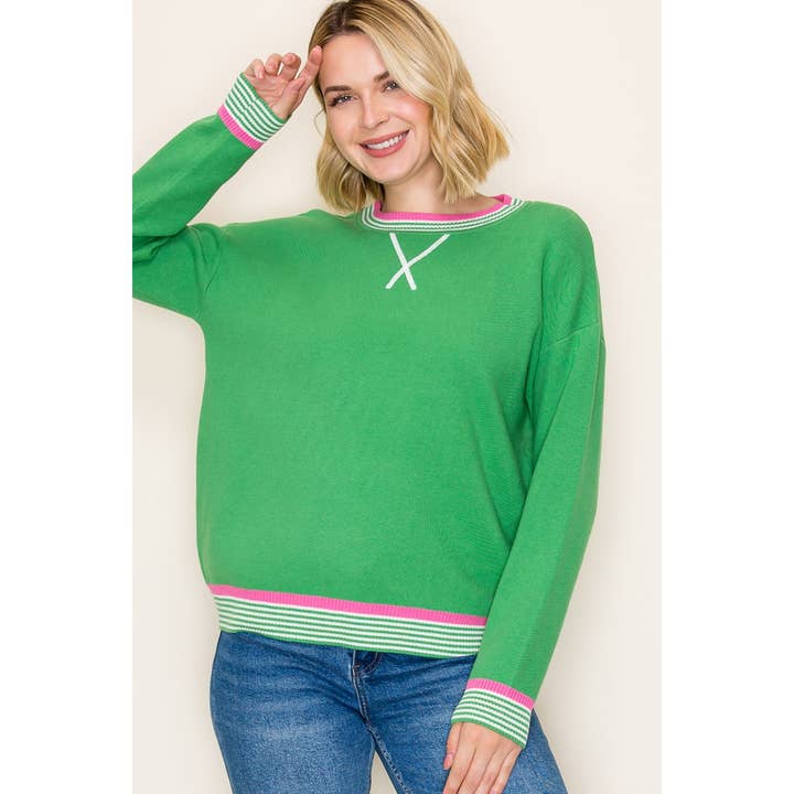 GREEN VARSITY TRIM SWEATER

