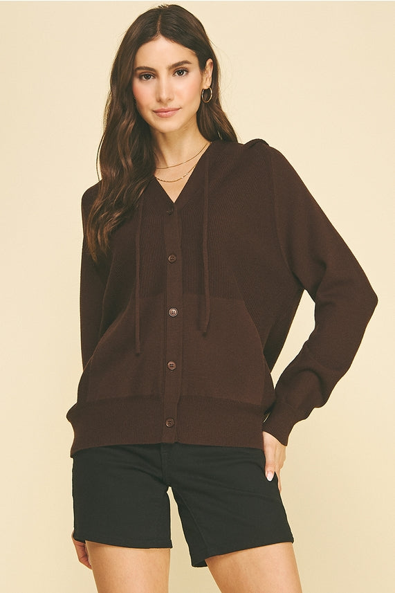 ESPRESSO HOODED BUTTON DOWN CARDIGAN
