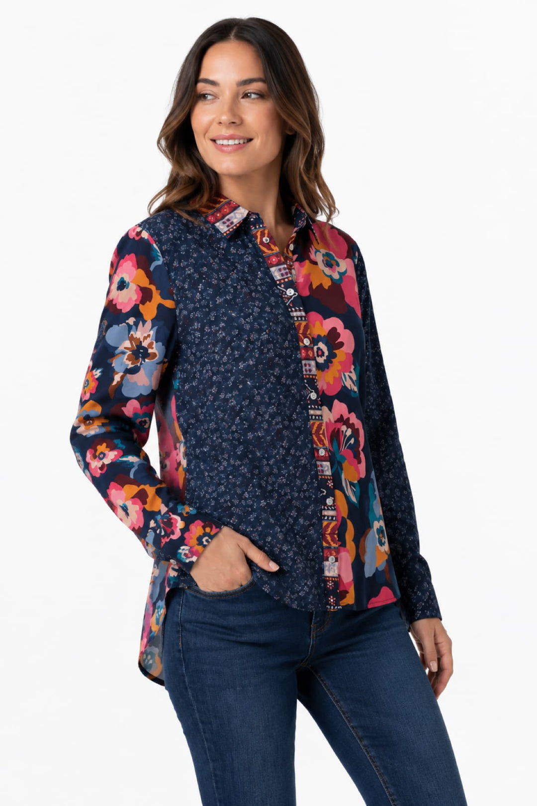BLAIR NAVY FLORAL MIXED MEDIA BLOUSE