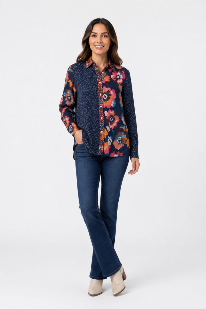 BLAIR NAVY FLORAL MIXED MEDIA BLOUSE