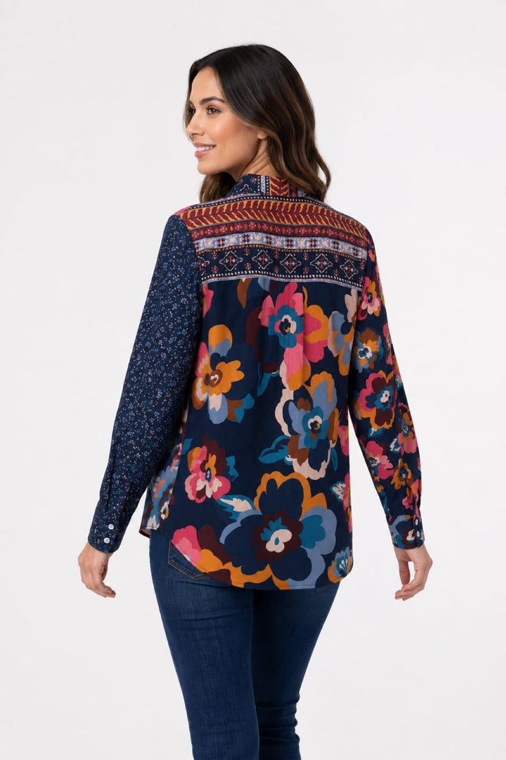 BLAIR NAVY FLORAL MIXED MEDIA BLOUSE