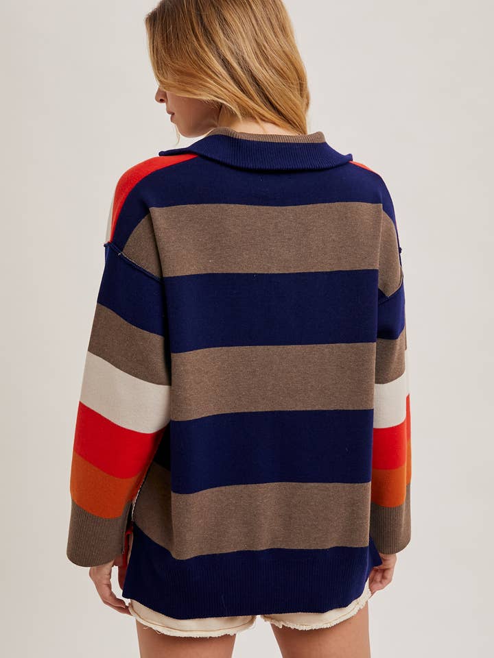 SAND MULTI RUGBY STRIPE HALF ZIP PULLOVER