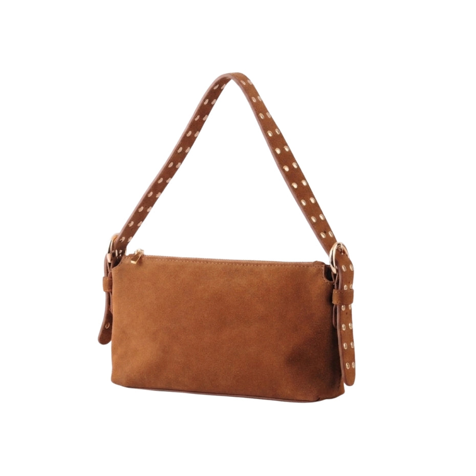 MAXINE CARAMEL STUDDED SUEDE SHOULDER BAG