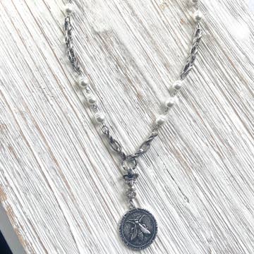 SILVER FRENCH BEE COIN & PEARL VINTAGE NECKLACE