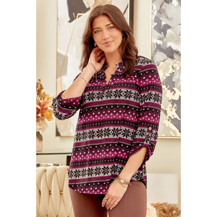 MAGENTA LIZZY  SNOWFLAKE FAIRISLE KNIT TOP
