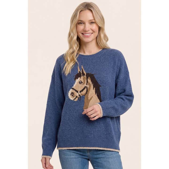 INDIGO HORSE JACQUARD CREW NECK SWEATER
