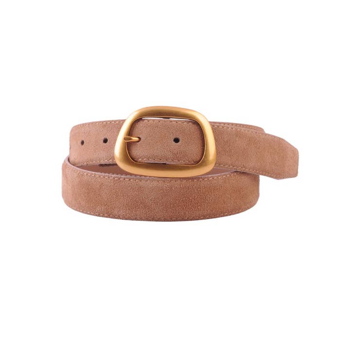 CAMEL SUEDE BELT WITH ASYMMETRIICAL BUCKLE
