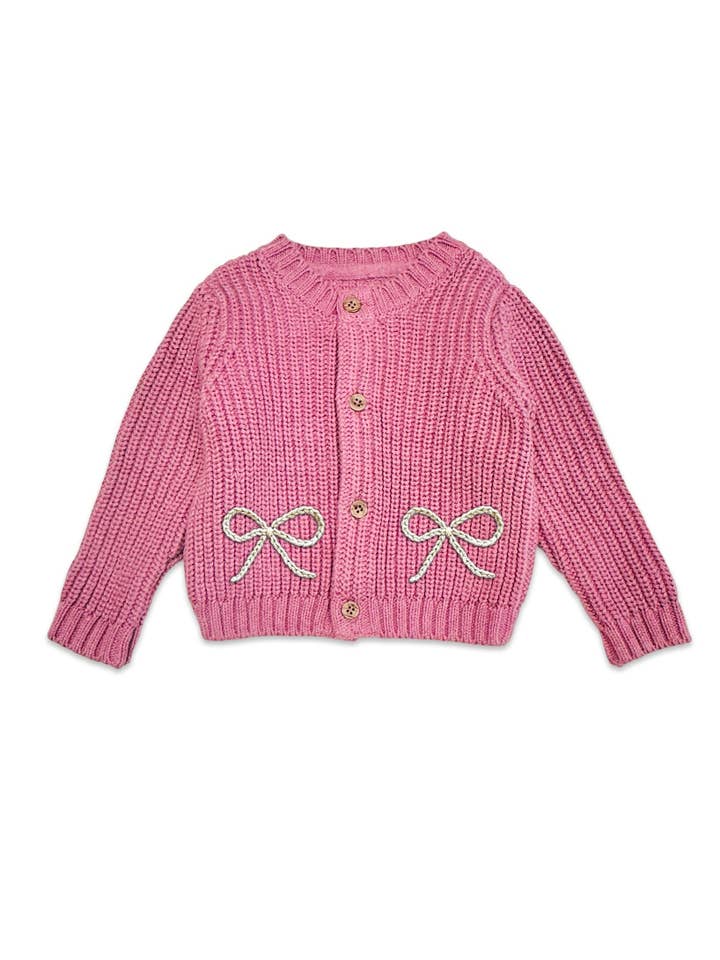 PINK BOW EMBROIDERED CHUNKY KNIT CARDIGAN