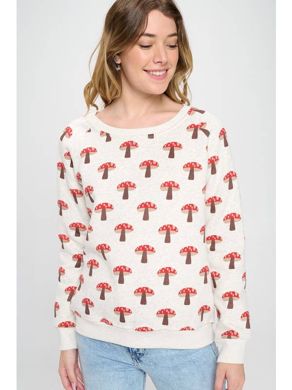 ALL OVER MUSHROOM PRINT CREW SWEATSHIRT