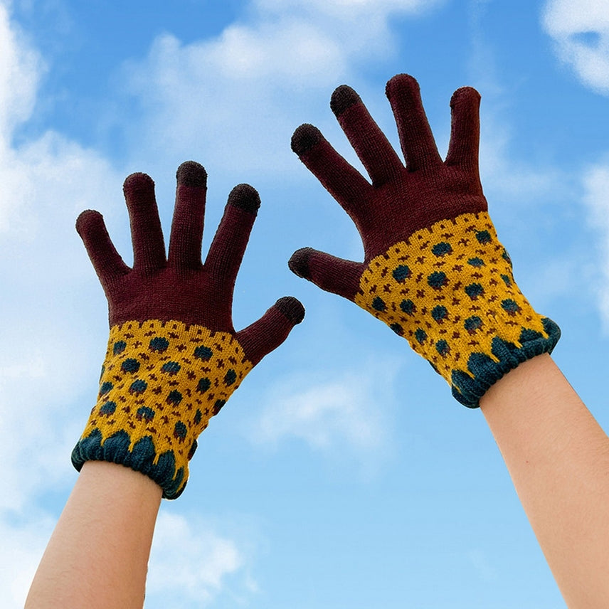 COFFEE & GOLD CALICO FLOWER KNIT GLOVES
