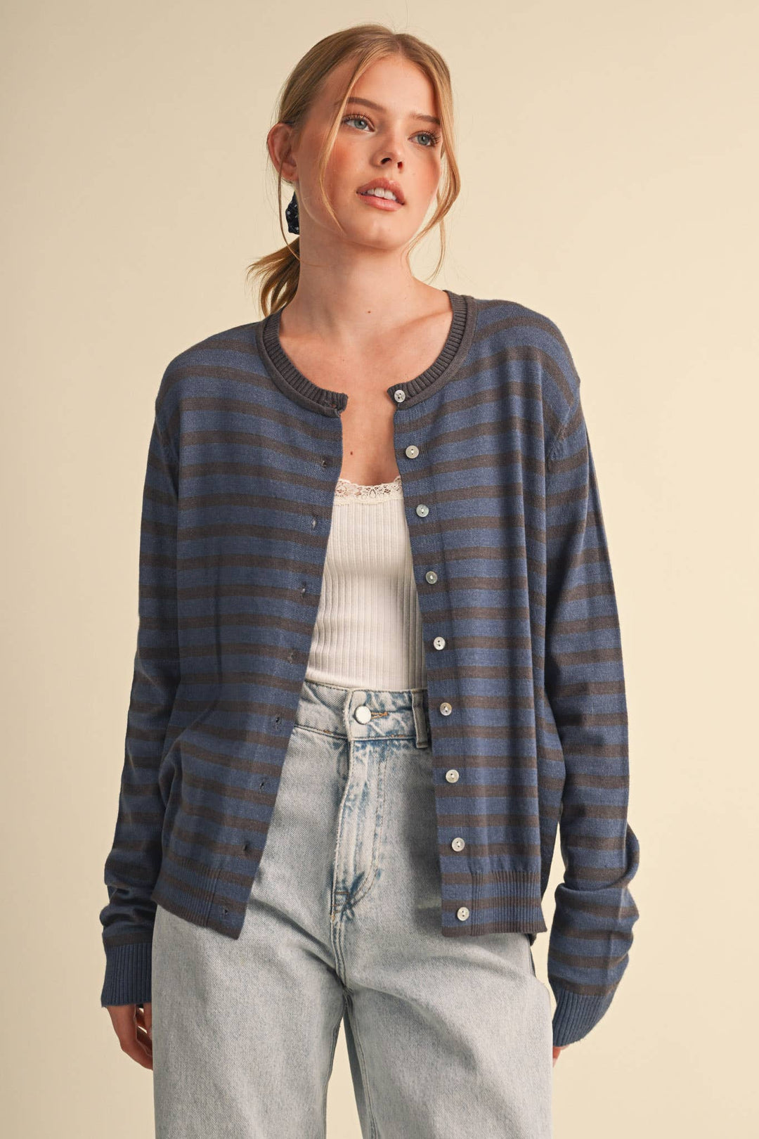 DENIM CAMPUS STRIPE CARDIGAN