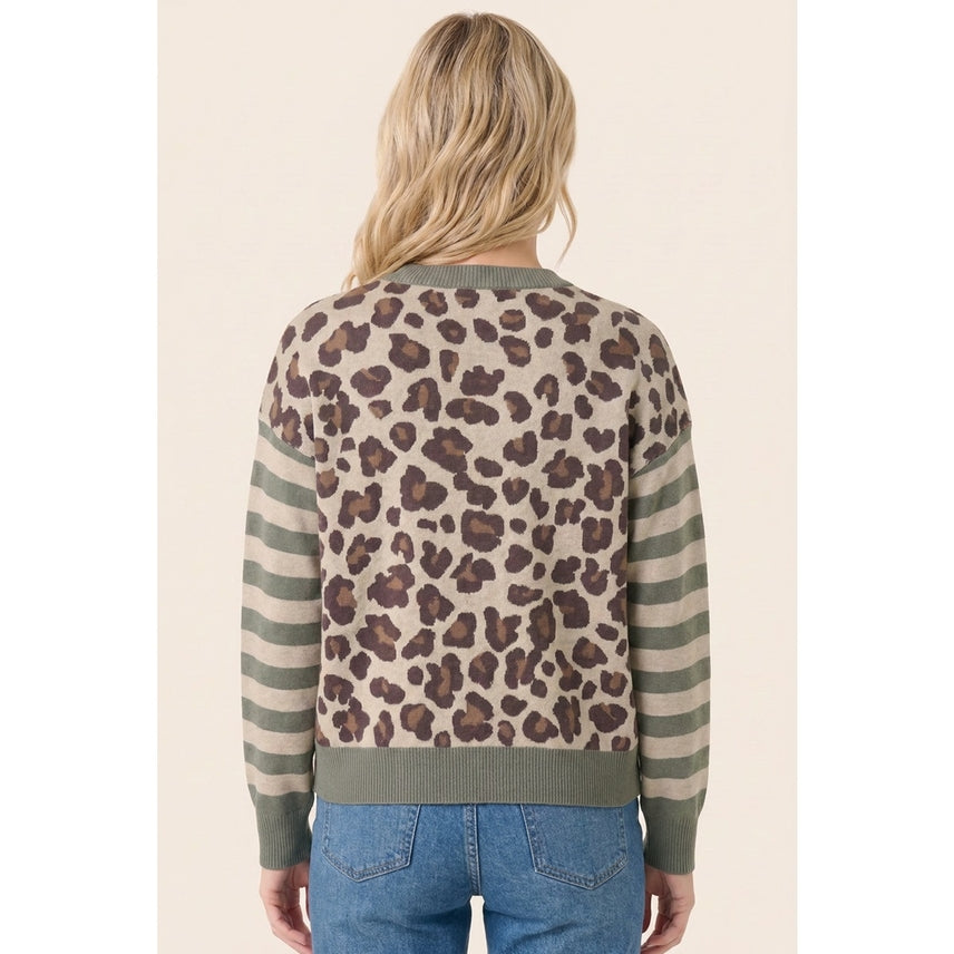 OLIVE STRIPE & LEOPARD BLOCKED BUTTON CARDIGAN