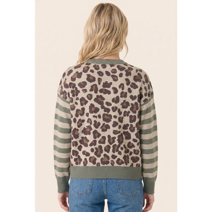 OLIVE STRIPE & LEOPARD BLOCKED BUTTON CARDIGAN