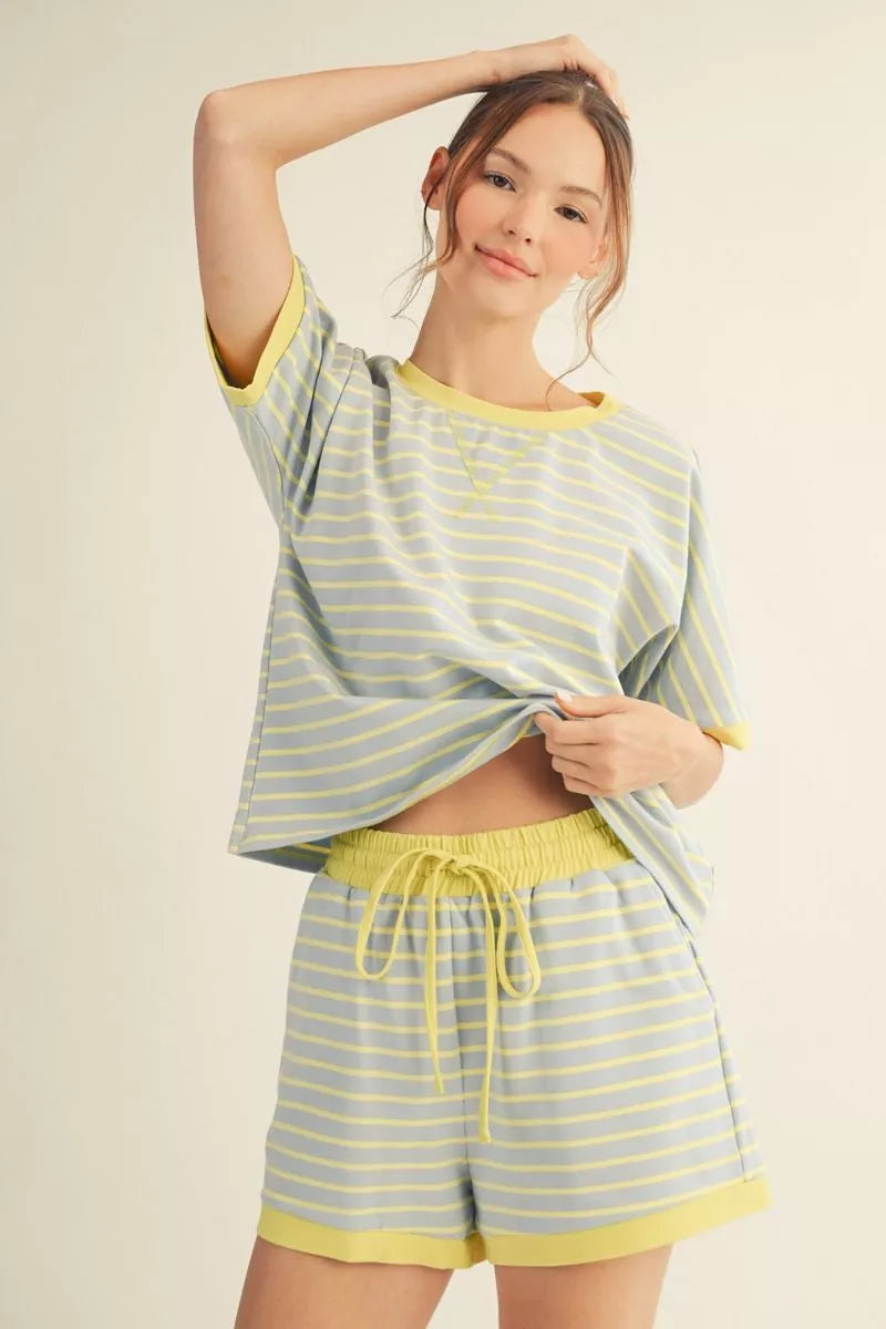 BABY BLUE & BUTTER YELLOW STRIPE SHORT SET
