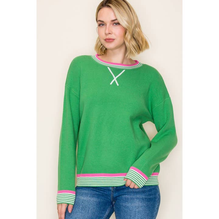 GREEN VARSITY TRIM SWEATER
