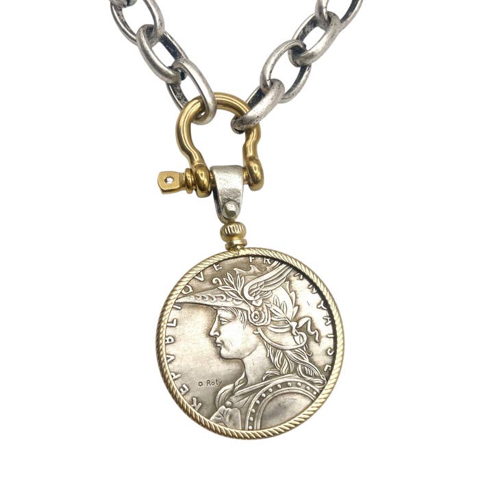 MIXED METAL VINTAGE COIN LINK PENDANT NECKLACE