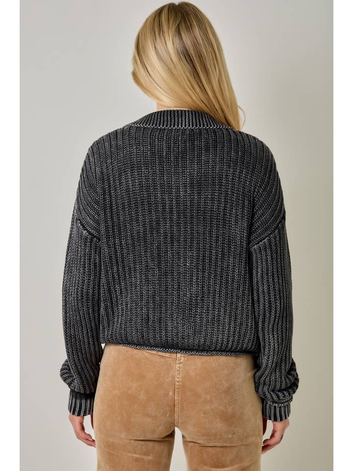 WASHED BLACK RIBBED ZIP UP SWEATER