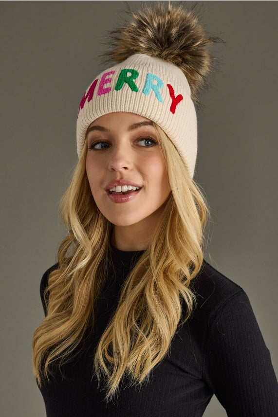 CREAM "MERRY" POM BEANIE HAT