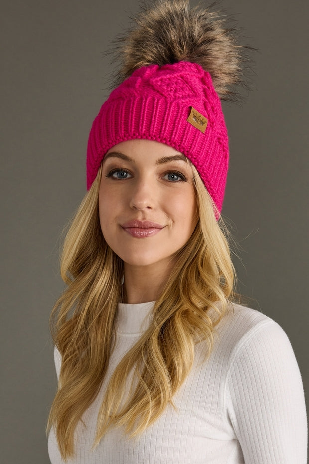 BRIGHT PINK CABLE KNIT POM HAT
