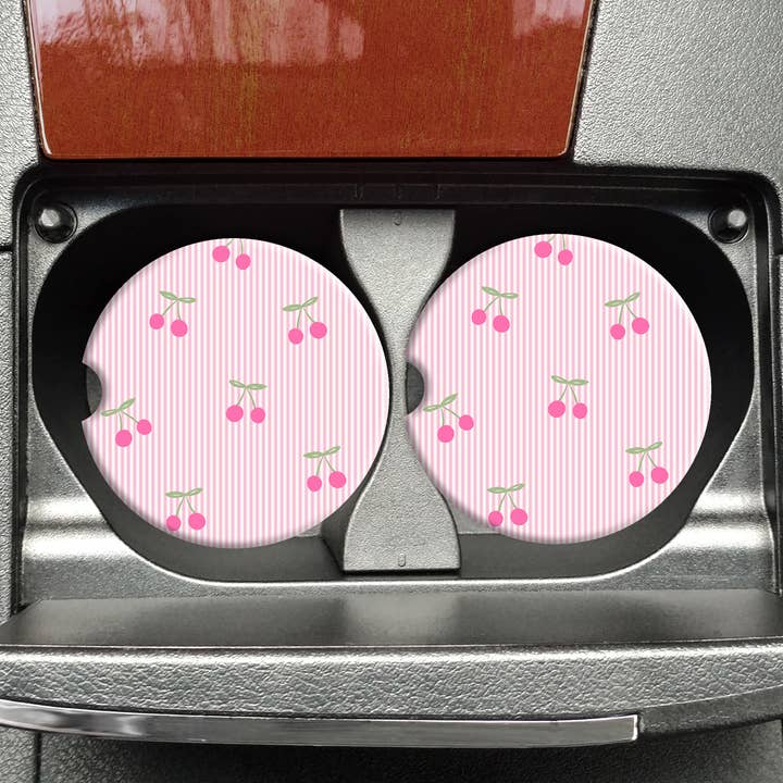 SEERSUCKER CHERRIES CAR COASTERS SET