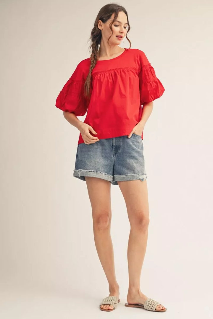 AMY SOLID RED SMOCKED SHORT SLEEVE TOP