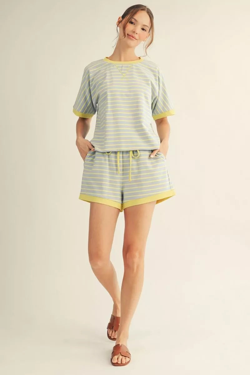 BABY BLUE & BUTTER YELLOW STRIPE SHORT SET