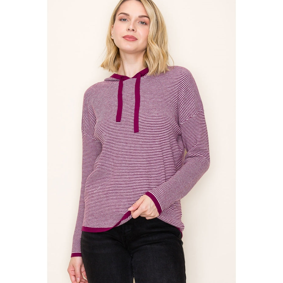DARK MAGENTA WAFFLE TEXTURE STRIPE HOODIE