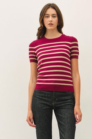 VIOLA WINE STRIPE SHORT SLEEVE SWEATER
