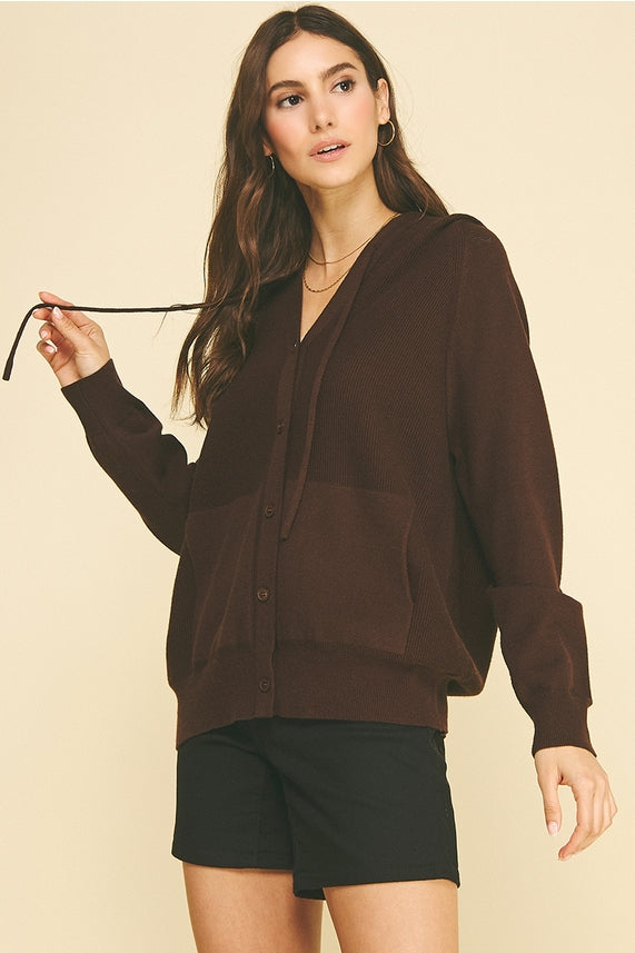 ESPRESSO HOODED BUTTON DOWN CARDIGAN
