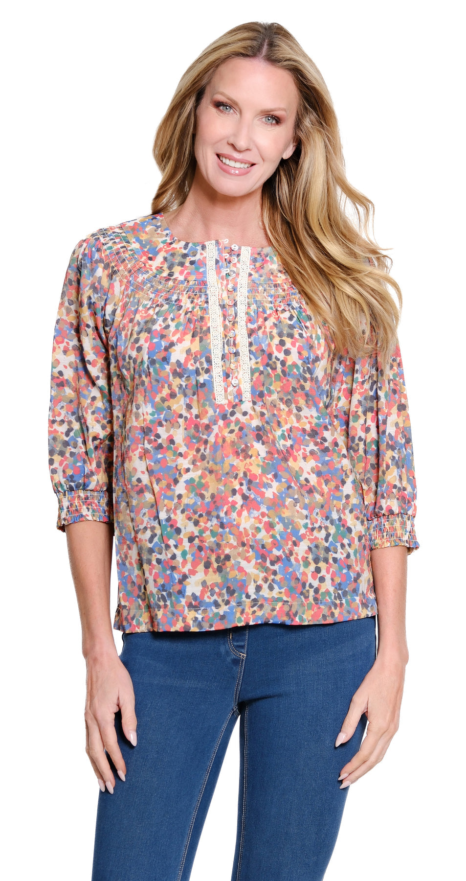 PENNY PUFF SLEEVE BUTTON FRONT WOVEN TOP