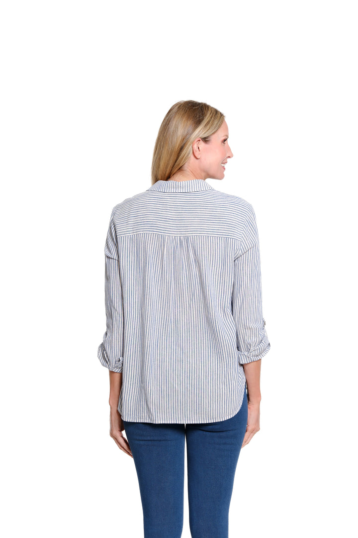ROMY ROLL TAB MULTITUCK STRIPE HI-LO SHIRT