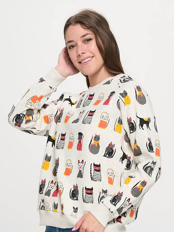 TRES CHIC CATS PRINT CREW SWEATSHIRT