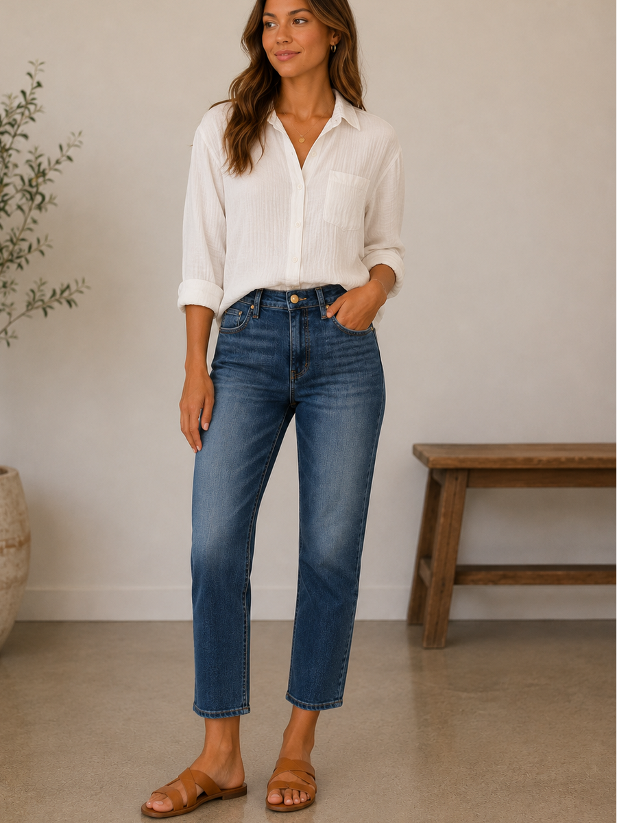 RACHAEL DEVOTEE WASH MOM RAW HEM JEANS
