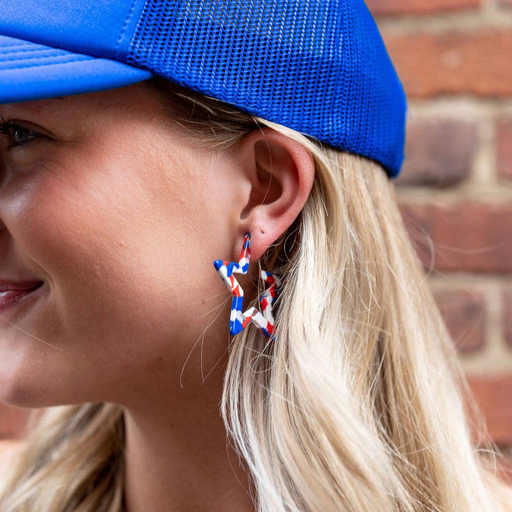 RED WHITE & BLUE STAR HOOP EARRINGS