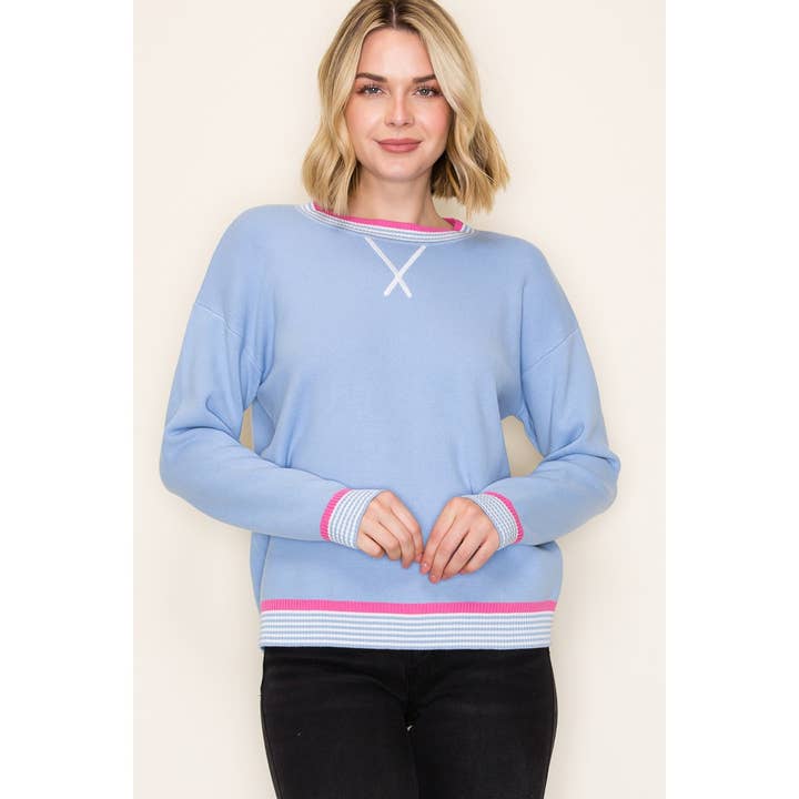 SKY BLUE VARSITY TRIM SWEATER
