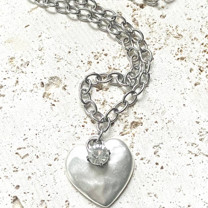 SILVER HAMMERED HEART AND SWAROVSKI CRYSTAL NECKLACE