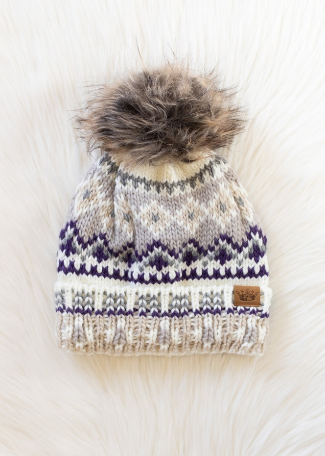 WHITE PURPLE GREY & TAUPE POM HAT

