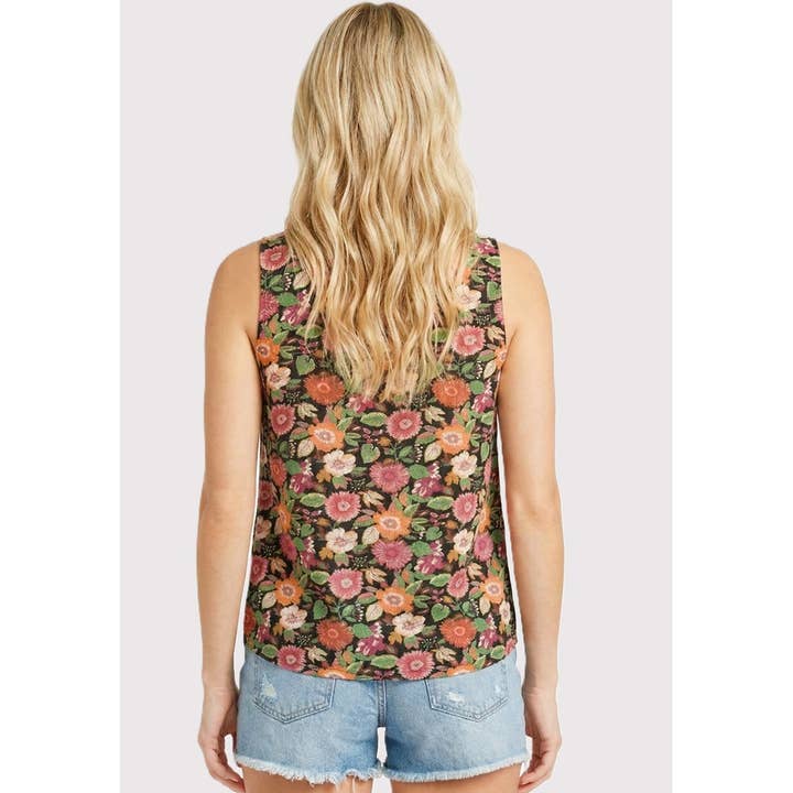 BLACK FLORAL SPLIT NECK SLEEVELESS TOP