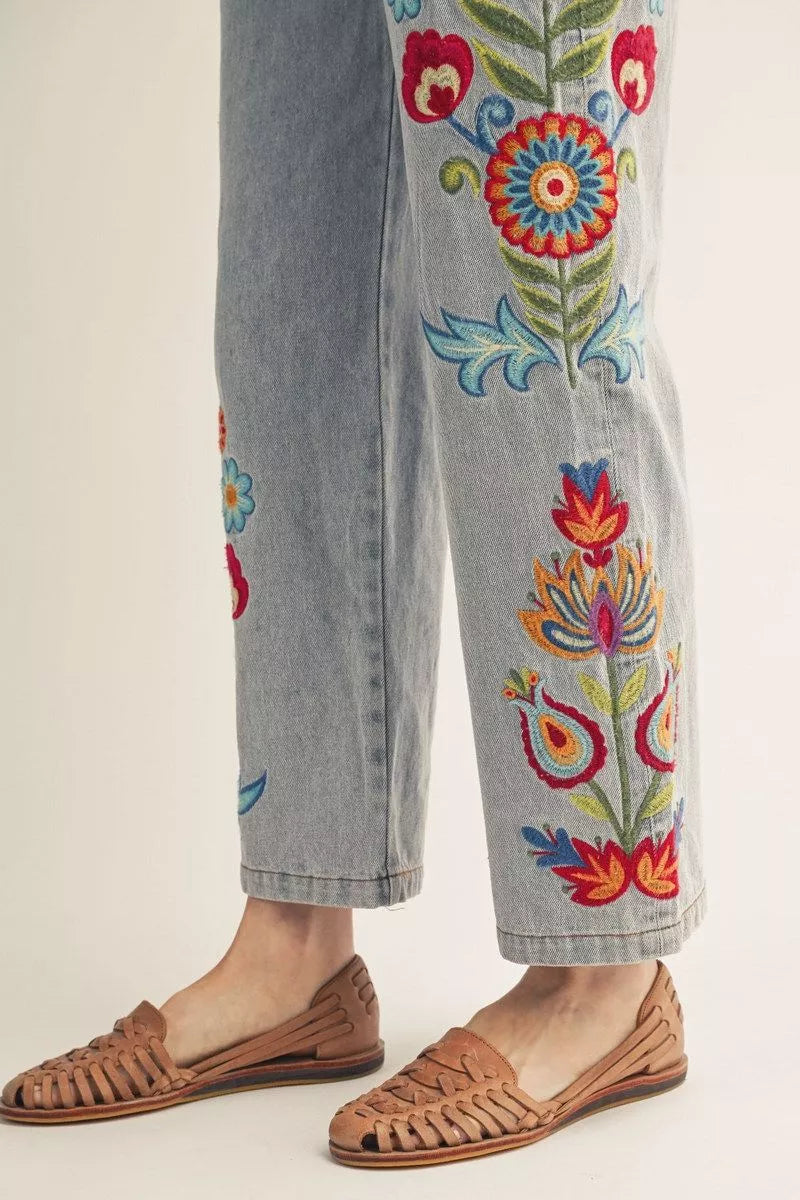 JUNIPER FLORAL EMBROIDERED WIDE LEG JEAN