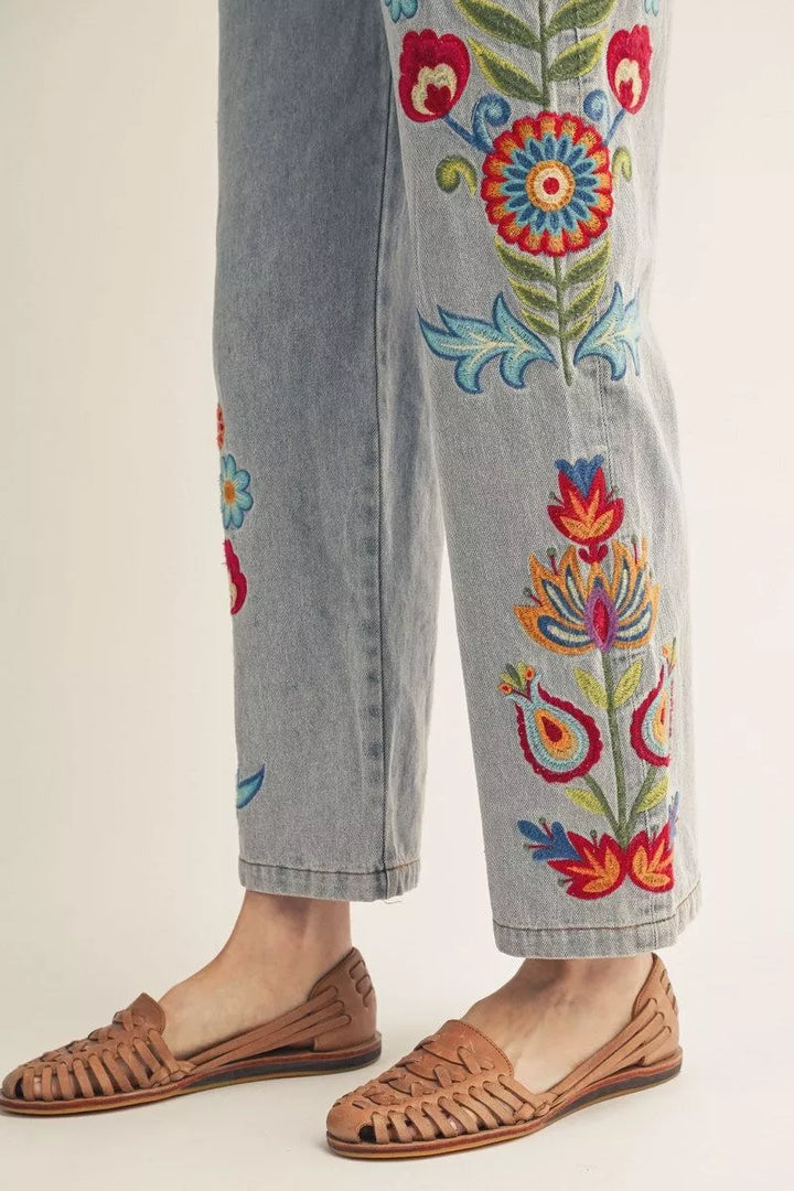 JUNIPER FLORAL EMBROIDERED WIDE LEG JEAN