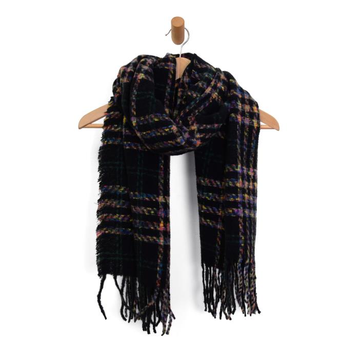 BLACK PRISMATIC PLAID FRINGE SCARF
