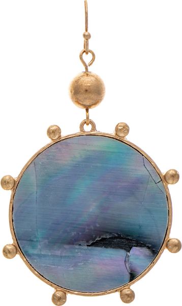 Gold Ball Edge Blue Abalone Shell Circle Earrings