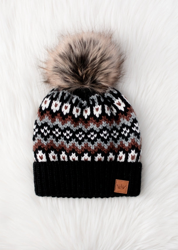 BLACK, WHITE & BROWN FAIR ISLE POM HAT
